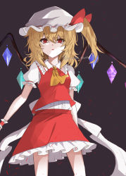 Rule 34 | 1girl, ascot, black background, blonde hair, blush, bow, breasts, center frills, commentary request, crystal, eyelashes, fangs, finger to mouth, flandre scarlet, frilled shirt collar, frilled skirt, frills, furrowed brow, hat, hat ribbon, highres, kuro wa shinoru, looking at viewer, mob cap, multicolored wings, one side up, open mouth, petticoat, puffy short sleeves, puffy sleeves, red eyes, red ribbon, red skirt, red vest, ribbon, shirt, short hair, short hair with long locks, short sleeves, side ponytail, simple background, skirt, solo, standing, touhou, v-shaped eyebrows, vest, white hat, white shirt, wings, wrist cuffs, yellow ascot