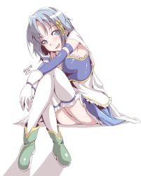 Rule 34 | 1girl, blue eyes, blue hoodie, blue skirt, blue sleeves, blush, breasts, cape, crossed ankles, dated, detached sleeves, fortissimo, gloves, green footwear, hair ornament, hood, hoodie, knees to chest, looking at viewer, magical girl, mahou shoujo madoka magica, mahou shoujo madoka magica (anime), mahou shoujo madoka magica movie 1 &amp; 2, medium breasts, medium hair, miki sayaka, mr nini, musical note, musical note hair ornament, panties, raised eyebrows, signature, skirt, smile, solo, thighhighs, thighs, underwear, white background, white cape, white gloves, white panties, white thighhighs