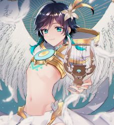 Rule 34 | 1boy, angel wings, ari (bleum), blue hair, braid, feathered wings, feathers, flower, genshin impact, green eyes, green hair, hair flower, hair ornament, harp, highres, instrument, midriff, multicolored hair, navel, short shorts, shorts, smile, stomach, trap, twin braids, two-tone hair, venti (archon) (genshin impact), venti (genshin impact), wings