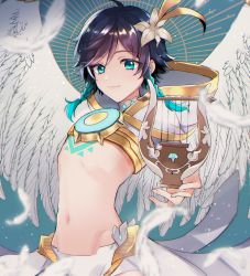 1boy angel_wings ari_(bleum) blue_hair braid feathered_wings feathers flower genshin_impact green_eyes green_hair hair_flower hair_ornament harp highres instrument lyre midriff multicolored_hair navel short_shorts shorts smile stomach trap twin_braids two-tone_hair venti_(archon)_(genshin_impact) venti_(genshin_impact) wings