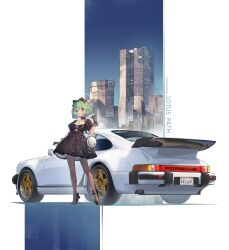 Rule 34 | 1girl, absurdres, arnold-s, bag, black bow, black dress, black footwear, black ribbon, blue eyes, bow, breasts, brown pantyhose, car, check vehicle, city, cleavage, dress, floral print, full body, gloves, green hair, grey gloves, hair bow, hand up, handbag, heel up, highres, legs, license plate, looking at viewer, medium breasts, medium hair, motor vehicle, original, pantyhose, porsche, porsche 911, porsche 930, ribbon, short dress, solo, spoiler (automobile), sports car, strappy heels, toe cleavage, vehicle focus, white background, white car