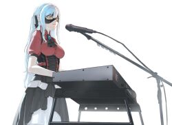 Rule 34 | 1girl, ascot, bang dream!, bang dream! it&#039;s mygo!!!!!, black ascot, black corset, black mask, black ribbon, black skirt, blue brooch, blue hair, closed mouth, collared shirt, commentary request, corset, cowboy shot, domino mask, expressionless, hair ribbon, highres, instrument, keyboard (instrument), long hair, mask, microphone, red shirt, ribbon, shiki47, shirt, simple background, skirt, solo, togawa sakiko, two side up, white background, yellow eyes