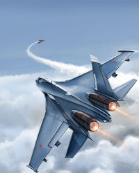 Rule 34 | aerial battle, afterburner, aircraft, airplane, battle, cloud, contrail, dogfight, explosion, fighter jet, flying, graphite (medium), jet, kcme, military, military vehicle, missile, original, sky, su-27, traditional media, vehicle focus, weapon