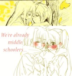 Rule 34 | 2girls, animated, animated gif, blush, cheek-to-cheek, couple, embarrassed, eye contact, closed eyes, fate testarossa, female focus, heads together, kiss, looking at another, lyrical nanoha, mahou shoujo lyrical nanoha, mahou shoujo lyrical nanoha a&#039;s, monochrome, multiple girls, open mouth, scarf, school uniform, smile, takamachi nanoha, tokoharu, uniform, yuri