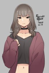 Rule 34 | 1boy, agawa ryou, black choker, brown hair, cardigan, choker, commentary, crop top, dated, english commentary, grey background, grey eyes, male focus, medium hair, mole, mole under eye, navel, off shoulder, original, sleeves past wrists, solo, trap, tsurime, v-neck