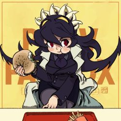 Rule 34 | 1girl, blush, burger, cheek bulge, eating, filia (skullgirls), formal, from above, jacket, long hair, looking to the side, necktie, oca-world, pantyhose, red eyes, sitting, skullgirls, solo, suit, tray, yellow background