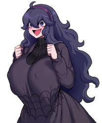 Rule 34 | 1girl, @ @, ahoge, alternate breast size, bags under eyes, black sweater, breasts, clenched hands, covered erect nipples, creatures (company), curvy, dress, game freak, hair between eyes, hairband, happy, hex maniac (pokemon), highres, huge breasts, long dress, long hair, matching hair/eyes, messy hair, nail polish, nintendo, open mouth, pokemon, pokemon xy, purple dress, purple eyes, purple hair, purple hairband, purple nails, ribbed sweater, simple background, smile, solo, spacezin, spider web print, sweater, turtleneck, turtleneck sweater, white background