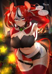 Rule 34 | 1girl, alternate breast size, animal ears, black hair, breasts, cheesed to meet you (meme), christmas, christmas tree, cleavage, collar, elbow gloves, english text, gloves, hakos baelz, highres, hololive, hololive english, huge breasts, lens flare, looking at viewer, meme, midriff, mouse ears, mouse girl, mouse tail, multicolored hair, pixiv username, red hair, santa costume, solo, spiked collar, spikes, streaked hair, tail, thighhighs, tnolize, v, v over eye, virtual youtuber, white hair