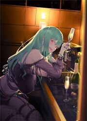 Rule 34 | 1girl, alcohol, bare shoulders, black nails, breasts, cup, drinking glass, earrings, green hair, holding, holding cup, ion (cation), jewelry, large breasts, long hair, looking at viewer, midriff, open mouth, purple eyes, see-through, see-through sleeves, short shorts, shorts, sitting, smile, solo, virtual youtuber, vspo!, yakumo beni, yakumo beni (1st costume)