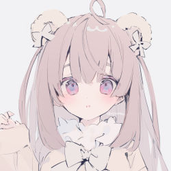Rule 34 | 1girl, ahoge, animal ears, bear ears, blush, bow, brown hair, commentary request, dress, ear bow, eyebrows hidden by hair, grey background, long hair, long sleeves, looking at viewer, original, parted lips, red eyes, simple background, sleeves past wrists, solo, suzumori uina, thick eyebrows, two side up, upper body, white bow, white dress