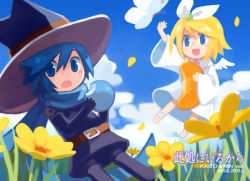 Rule 34 | 1boy, 1girl, blonde hair, blue eyes, blue hair, blue scarf, bug, butterfly, day, flower, glasses, hair ribbon, hat, bug, kagamine rin, kaito (vocaloid), outdoors, ribbon, scard, scarf, short hair, verus, vocaloid, witch hat