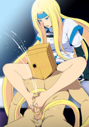 Rule 34 | 1boy, 1girl, arc system works, bag, barefoot, blonde hair, blue eyes, blush, breasts, censored, cum, dress, ejaculation, erection, feet, footjob, greco roman (spiral brain), guilty gear, hairband, hairjob, hetero, highres, large breasts, legs, long hair, looking down, millia rage, open mouth, penis, reach-around, simple background, sitting, sweat, testicles, thighs, toes, very long hair