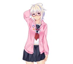 Rule 34 | 1girl, arms up, blush, breasts, game cg, glasses, jacket, large breasts, legs, looking at viewer, nana g, onee-chan saimin before after, pink eyes, school uniform, short hair, simple background, skirt, smile, solo, standing, thighs, white background, white hair