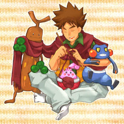 Rule 34 | 1boy, brock (pokemon), creatures (company), croagunk, game freak, gen 2 pokemon, gen 4 pokemon, happiny, kane, kojijima, laughing, lowres, nintendo, pokemon, pokemon (anime), pokemon (creature), pokemon dppt (anime), scarf, sewing, shared clothes, shared scarf, sitting, sudowoodo, yarn, yarn ball