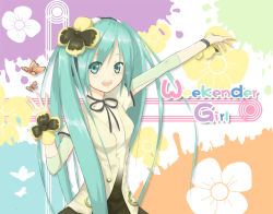 Rule 34 | 1girl, bug, butterfly, copyright name, green eyes, green hair, hatsune miku, insect, long hair, matching hair/eyes, open mouth, outstretched arm, pansy, reiya, solo, twintails, vocaloid, weekender girl (vocaloid), yellow flower, yellow pansy
