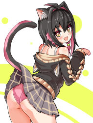 Rule 34 | 1girl, ahoge, animal ears, animal hood, ass, black hair, black jacket, braid, camisole, cat ears, cat girl, cat hood, cat tail, clothes lift, commentary, cougar (cougar1404), crotch seam, from behind, grey skirt, hair intakes, hood, hood down, hooded jacket, jacket, leaning forward, leo (cougar1404), lifted by tail, looking at viewer, looking back, miniskirt, multicolored hair, open mouth, original, panties, pantyshot, paw pose, pink hair, pink panties, plaid, plaid skirt, pleated skirt, short hair, side braids, skirt, skirt lift, smile, standing, tail, two-tone hair, underwear, white camisole, yellow eyes