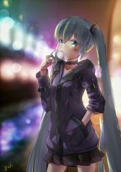 Rule 34 | 1girl, alternate costume, aqua eyes, aqua hair, arm belt, artist name, black skirt, blurry, blurry background, bokeh, bracelet, breasts, blowing bubbles, chewing gum, collar, depth of field, facial tattoo, hair ornament, twirling hair, hand in pocket, hand up, hatsune miku, jacket, jewelry, long hair, looking at viewer, medium breasts, pleated skirt, purple jacket, signature, skirt, solo, tattoo, twintails, very long hair, vocaloid, yeh (354162698)