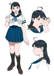 Rule 34 | 1girl, ahoge, black hair, black sailor collar, blue neckerchief, blue skirt, brown eyes, crying, full body, highres, kantai collection, loafers, looking at viewer, multiple views, neckerchief, ojipon, pleated skirt, sailor collar, sailor shirt, school uniform, serafuku, shirt, shoes, simple background, skirt, smile, upper body, ushio (kancolle), white background, white shirt