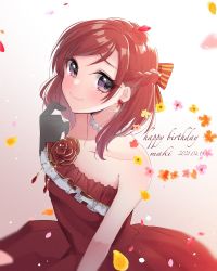 Rule 34 | 1girl, artist name, artist request, bare shoulders, black gloves, blush, bow, breasts, cleavage, collarbone, dress, earrings, female focus, flower, flower earrings, frilled dress, frills, gloves, hair between eyes, hair ribbon, jewelry, looking at viewer, love live!, love live! school idol festival, love live! school idol festival all stars, love live! school idol project, necklace, nishikino maki, pearl necklace, petals, purple eyes, red bow, red dress, red hair, red skirt, ribbon, rose, short hair, skirt, sleevesless, sleevesless dress, small breasts, solo, strapless, strapless dress, striped, striped bow