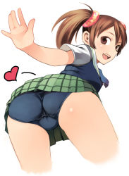 Rule 34 | 1girl, ass, ass focus, bad id, bad pixiv id, blush, brown eyes, brown hair, heart, heisa, ling xiaoyu, looking back, one-piece swimsuit, open mouth, school swimsuit, short twintails, simple background, skirt, smile, solo, spanked, swimsuit, swimsuit under clothes, tekken, trefoil, twintails