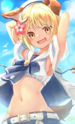 Rule 34 | 1girl, :d, absurdres, animal ears, armpits, arms behind head, arms up, bare shoulders, belt, blonde hair, blue ribbon, blue shorts, blue sky, blush, braid, breasts, cloud, commentary request, cowboy shot, day, dog ears, dog tail, erune, eyebrows hidden by hair, fang, flower, granblue fantasy, groin, hair flower, hair ornament, hat, highres, hood, hood down, hooded jacket, jacket, kanimiso (juutilainen77), lens flare, looking at viewer, midriff, navel, neck ribbon, open clothes, open jacket, open mouth, paw print, ribbon, sailor bikini, sailor collar, sailor hat, short hair, shorts, sideboob, sidelocks, sky, sleeveless, sleeveless jacket, smile, solo, standing, swimsuit, tail, vajra (granblue fantasy), vajra (summer) (granblue fantasy), white belt, white hat, white jacket, white sailor collar