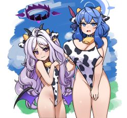 Rule 34 | 2girls, ako (blue archive), animal print, blue archive, blue hair, breasts, cow horns, cow print, embarrassed, flat chest, highres, hina (blue archive), horns, large breasts, multiple girls, one-piece swimsuit, open mouth, sni (qkrrjsdn03), swimsuit