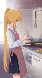 Rule 34 | 1girl, absurdres, ahoge, apron, artist request, blonde hair, bocchi the rock!, brown eyes, chopsticks, commentary request, cooking, from side, frying pan, highres, ijichi nijika, kitchen, long hair, long sleeves, miniskirt, pleated skirt, school uniform, shirt, side ponytail, sidelocks, skirt, solo, stove, white shirt