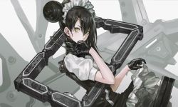 Rule 34 | 1girl, agent (girls&#039; frontline), black gloves, black hair, clothes lift, double bun, dress, dress lift, girls&#039; frontline, gloves, hair between eyes, half gloves, infukun, lifted by self, long hair, looking at viewer, machinery, maid, maid headdress, official art, sangvis ferri, solo, standing, weapon, yellow eyes
