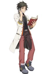 Rule 34 | 1boy, black hair, black shirt, book, boots, cellphone, coat, full body, highres, holding, holding book, holding phone, jude mathis, male focus, official art, open clothes, open coat, pants, phone, shirt, short hair, solo, tales of (series), tales of asteria, tales of xillia, tales of xillia 2, transparent background, yellow eyes