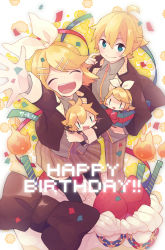 Rule 34 | 1boy, 1girl, asari toko, black thighhighs, blonde hair, blue eyes, blush, bow, brother and sister, brown skirt, cake, character doll, closed eyes, confetti, food, fruit, hair bow, hair ornament, hairclip, happy birthday, jacket, kagamine len, kagamine rin, long sleeves, open clothes, open jacket, pants, ponytail, short hair, siblings, skirt, smile, strawberry, striped clothes, striped pants, thighhighs, twins, vertical-striped clothes, vertical-striped pants, vocaloid