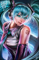 Rule 34 | 1girl, blue eyes, blue hair, ceasar ian muyuela, detached sleeves, hatsune miku, headphones, long hair, looking at viewer, matching hair/eyes, necktie, parted lips, sleeveless, solo, tattoo, twintails, upper body, very long hair, visor, vocaloid