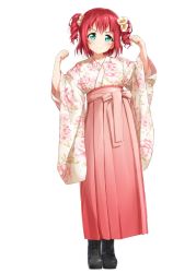 Rule 34 | &gt;:), 1girl, aqua eyes, black footwear, boots, clenched hands, cross-laced footwear, drill hair, floral print, flower, full body, hair flower, hair ornament, hakama, hakama skirt, hands up, high heel boots, high heels, highres, japanese clothes, kimono, kurosawa ruby, lace-up boots, looking at viewer, love live!, love live! school idol festival, love live! sunshine!!, meiji schoolgirl uniform, pink hakama, platform footwear, red hair, simple background, skirt, smile, solo, standing, suke (momijigari), twin drills, two side up, v-shaped eyebrows, white background, wide sleeves