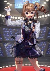 Rule 34 | 1girl, ahoge, black neckwear, blue bow, blue skirt, blurry, blurry background, bow, bowtie, brown hair, center frills, commentary, drill hair, earpiece, epaulettes, fingerless gloves, fingers together, frilled skirt, frills, garter straps, gloves, grey gloves, grey jacket, hair bow, hair over shoulder, highres, holding, holding microphone, idol, idolmaster, idolmaster million live!, jacket, kamille (vcx68), long sleeves, looking at viewer, medium hair, microphone, miniskirt, open mouth, plaid, plaid skirt, pleated skirt, purple eyes, screen, side ponytail, sidelocks, skirt, smile, solo focus, standing, sweat, yokoyama nao