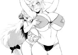 Rule 34 | 2girls, armpits, arms behind head, bikini, blush, grabbing another&#039;s breast, breasts, cleavage, commentary, commission, cowboy shot, curvy, deep skin, english commentary, front-tie bikini top, front-tie top, grabbing, grabbing from behind, greyscale, hair ribbon, hanako (debaucheryninja), highres, horns, huge breasts, linea alba, long hair, monochrome, multiple girls, norman maggot, original, pointy ears, ribbon, sheep girl, sheep horns, short hair, simple background, smile, surprised, sweat, swimsuit, underboob, vella (debaucheryninja), very long hair, white background, yuri