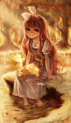 Rule 34 | 1girl, apron, dated, dress, fairy, hairband, long hair, red eyes, red hair, ribbon, signature, silverwing, sitting, sleeping, smile, soaking feet, solo, sunset, tree, water