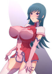 Rule 34 | 1girl, blue hair, blush, bracket, breasts, covered erect nipples, dress, earrings, elbow gloves, gloves, green hair, highres, huge breasts, impossible clothes, impossible dress, jewelry, kemurin, kotona elegance, long hair, looking at viewer, open mouth, pink gloves, purple eyes, solo, thighhighs, zoids, zoids genesis