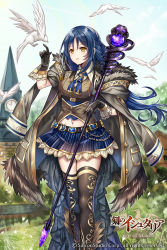 Rule 34 | 1girl, age of ishtaria, arm up, belt, bird, black gloves, black thighhighs, blue hair, blue skirt, clock, clock tower, clothing cutout, cloud, company name, copyright name, copyright notice, day, full body, gem, gloves, grass, highres, holding, holding weapon, jacket, jacket on shoulders, jewelry, long hair, looking up, madogawa, navel, navel cutout, official art, original, pleated skirt, skirt, sky, solo, staff, thighhighs, toki no ishutaria, tower, weapon, yellow eyes