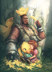 Rule 34 | 1boy, 1girl, arm cannon, artist name, barret wallace, beard, bird, black gloves, blunt bangs, blunt ends, bow, bowl, brown eyes, brown hair, child, chocobo, commentary, creature, dark-skinned male, dark skin, day, dog tags, dress, dzeta, english commentary, facial hair, facial scar, father and daughter, feathers, final fantasy, final fantasy vii, fingerless gloves, flower, full beard, gloves, green vest, hairband, headband, highres, holding, holding bowl, holding feather, light rays, light smile, lily (flower), looking at viewer, making-of available, marlene wallace, medium hair, muscular, muscular male, mustache, pink dress, plant, prosthetic weapon, puffy short sleeves, puffy sleeves, red headband, ruins, scar, scar on cheek, scar on face, shoes, short hair, short sleeves, signature, sitting, size difference, sleeveless, sparkle, sunbeam, sunlight, torn clothes, vest, weapon, yellow bird, yellow feathers, yellow flower