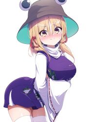 Rule 34 | 1girl, absurdres, animal print, arched back, arm under breasts, blonde hair, blush, breasts, brown hat, closed mouth, commentary request, cowboy shot, darumoon, embarrassed, frog print, from side, hair between eyes, hair ornament, hair ribbon, hat, high-waist skirt, highres, horizontal pupils, large breasts, leaning forward, long hair, long sleeves, looking at viewer, miniskirt, moriya suwako, nose blush, parted bangs, purple skirt, purple vest, red ribbon, ribbon, ribbon-trimmed sleeves, ribbon trim, shirt, simple background, skirt, skirt set, smile, solo, split mouth, sweatdrop, taut clothes, taut vest, touhou, turtleneck, v-shaped eyebrows, vest, white background, white shirt, wide sleeves, yellow eyes