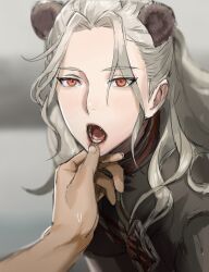 Rule 34 | 1boy, absurdres, animal ears, bishounen, blurry, blurry background, chinese clothes, commentary request, ensemble stars!, fang, finger in another&#039;s mouth, grey background, grey hair, highres, jiz (pffbq), kemonomimi mode, long hair, looking at viewer, male focus, mouth pull, open mouth, orange eyes, panda boy, panda ears, pov, ran nagisa, short sleeves, solo focus, sweet sweet hunger (ensemble stars!), upper body