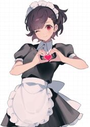 Rule 34 | 1girl, apron, black dress, brown hair, checkered background, closed mouth, collared shirt, dress, frilled hairband, frills, hairband, heart, heart hands, high ponytail, highres, light blush, long hair, looking at viewer, maid, maid apron, maid headdress, one eye closed, persona, persona 3, persona 3 portable, puffy short sleeves, puffy sleeves, red eyes, shiomi kotone, shirt, short sleeves, smile, solo, upper body, uxco0, white apron, white shirt