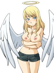 Rule 34 | 1girl, angel, angel wings, bad id, bad pixiv id, blonde hair, blue eyes, breast hold, breasts, cross, crossed arms, halo, hinemosu notari, jewelry, necklace, nipples, original, short shorts, shorts, solo, sweatdrop, topless, wings