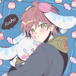 Rule 34 | 1boy, :d, ahoge, blush, blush stickers, brown eyes, brown hair, candy, candy print, commentary, danganronpa (series), doll, food, from side, hair between eyes, heart, hood, hood down, hug, looking at viewer, male focus, open mouth, porary, rabbit, smile, speech bubble, upper body