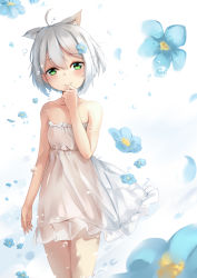Rule 34 | 1girl, absurdres, ahoge, animal ears, blue flower, breasts, cat ears, cleavage, collarbone, comic, cowboy shot, dress, flower, forget me not, green eyes, hair flower, hair ornament, head tilt, highres, looking at viewer, original, see-through silhouette, shor htair, silver hair, sleeveless, sleeveless dress, small breasts, smile, solo, standing, strapless, strapless dress, taira (pixiv9613131), white dress