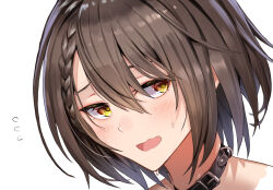 Rule 34 | 1girl, azur lane, baltimore (azur lane), black collar, blush, braid, brown hair, collar, commentary request, flying sweatdrops, french braid, hair between eyes, highres, iitsumonemu, looking to the side, open mouth, portrait, short hair, sidelocks, simple background, solo, sweat, white background, yellow eyes