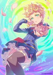 Rule 34 | 1girl, absurdres, artist name, blonde hair, blue jacket, blue skirt, blush, braid, breasts, curly hair, feet out of frame, finger to mouth, flower, flower request, frilled skirt, frills, genderswap, genderswap (mtf), giorno giovanna, green eyes, grey thighhighs, highres, holding, holding flower, jacket, jojo no kimyou na bouken, kotatsu (g-rough), light smile, long sleeves, looking at viewer, multicolored background, parted lips, petals, pink flower, single braid, skirt, small breasts, solo, thighhighs, turtleneck, vento aureo