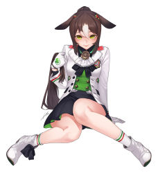 Rule 34 | 1girl, boots, brown hair, clover print, fine motion (umamusume), full body, gloves, green eyes, hair bun, high heel boots, high heels, highres, holding own tail, horse girl, horse tail, lips, looking at viewer, multicolored hair, pleated skirt, sidelocks, simple background, single hair bun, skirt, smile, socks, solo, sungwon, tail, two-tone hair, umamusume, white background, white footwear, white gloves, white hair