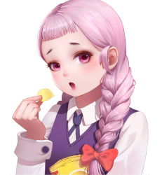 Rule 34 | 1girl, bag of chips, bow, braid, chips (food), eating, food, hair bow, jasminka antonenko, little witch academia, looking at viewer, open mouth, pink eyes, pink hair, potato chips, qi kou, red bow, school uniform, solo, twin braids, upper body