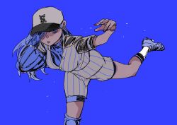 Rule 34 | 1girl, ado (utaite), baseball cap, baseball glove, blue background, blue eyes, blue footwear, blue hair, breasts, cloud nine inc, empty eyes, floating hair, foot out of frame, hair over one eye, hat, highres, knee pads, kneehighs, large breasts, looking at viewer, mushroom (osh320), one eye covered, parted lips, pinstripe pattern, pitching, raglan sleeves, readymade (ado), serious, shoes, short jumpsuit, short sleeves, simple background, single knee pad, sketch, socks, solo, standing, standing on one leg, striped, utaite, white socks