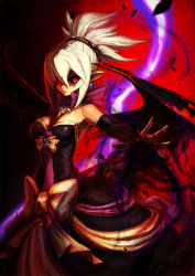 Rule 34 | 1girl, bat wings, black dress, black sclera, blonde hair, bow, breasts, cleavage, colored sclera, dark, dark persona, demon girl, detached sleeves, disgaea, dress, earrings, energy ball, evil, gem, jewelry, looking at viewer, makai senki disgaea 2, medium breasts, necklace, outstretched arm, outstretched hand, pointy ears, ponytail, red background, red eyes, ring, rozalin, scowl, short ponytail, slit pupils, solo, spoilers, standing, strapless, strapless dress, torihasiden, wings, yellow bow, zenon, zenon (disgaea)